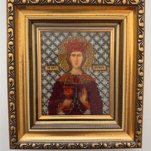 Framed Religious Icon with Gold and Red Accents